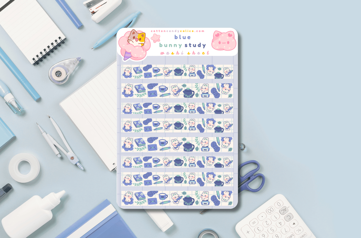 Blue Bunny Study Washi Sticker Sheet