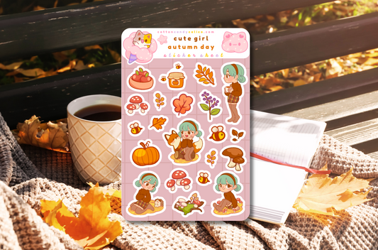 Cute Girl Autumn Day Sticker Sheet